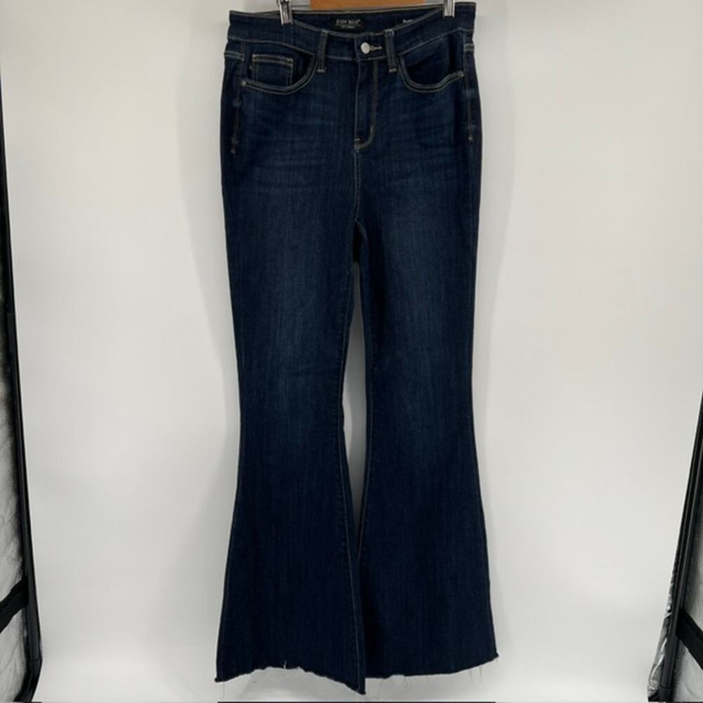 Judy Blue Dark Wash Flare Jeans Womens 9/29 Raw Hem Stretch Retro Style Boho
